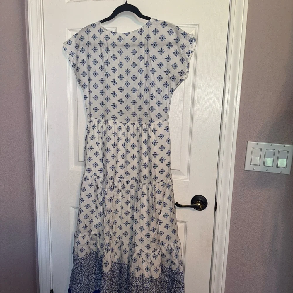 Blu Pepper Blue and White Casual Sundress with V-Neck and Dolman Cap Sleeves